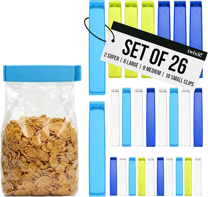 Linden Sweden Twixit Bag Clips - Keep Food Fresh, Stop Spillage - Easily Date Stamp Frozen Bags - Chip Clips for Storage & Organizing - Microwave, Freezer & Dishwasher-Safe - BPA-Free - Set of 26
