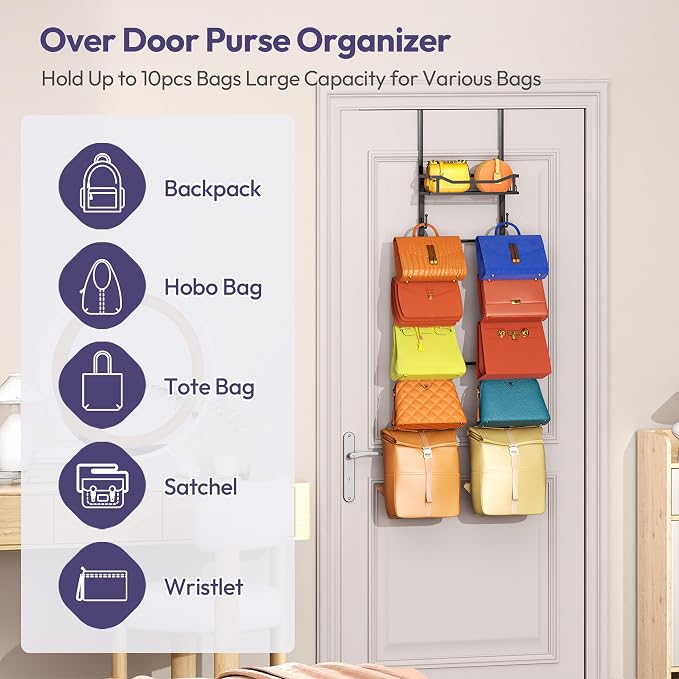SWTYMIKI Over The Door Purse Organizer - Wall Mounted Purse Rack with 10 Hooks and Metal Basket, Handbag Hanger Organizer Holds up to 10 Bags, Bag Rack Can Use As 1/2 Part, for Door, Closet