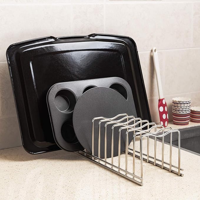 SANNO Pot Lid Organizer Pot Lid holder, Pots and Pans Organizer Drawer Plate Organizer for Bakeware Dish Plate, Cutting Boards, Pots & Pans, Serving Trays, Reusable Containers in Cabinet Pantry
