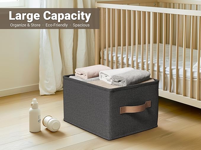 LayerSpace 3 Pack Fabric Storage Bins for Shelves | 16.25x12x10in Closet | Collapsible Bins for Organization | Linen Clothes Storage Bins | Black