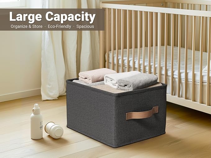 LayerSpace 3 Pack Fabric Storage Bins for Shelves | 11.5x8.75x6.5in Storage Baskets | Fabric Closet Organizers and Storage Bins with Handles Home Organization| Linen Clothes Bins | Black