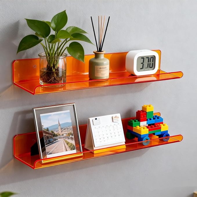 ROYALITA 2-Pack Acrylic Shelves Wall Mounted, 17 Inch Display Shelves | for Small Items Plants Organize Wall Shelves for Gaming Room, Bedroom, Living Room, Office, Orange