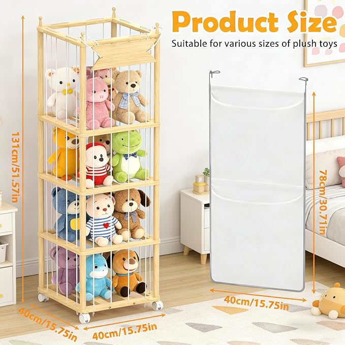 Stuffed Animal Storage,Wooden Zoo Toy Organizer with Wheels & Hanging Net, Cute Plush Toy Display Stand for Kids Bedroom, Playroom & Nursery Decor, Perfect White Elephant Gift for Boys & Girls