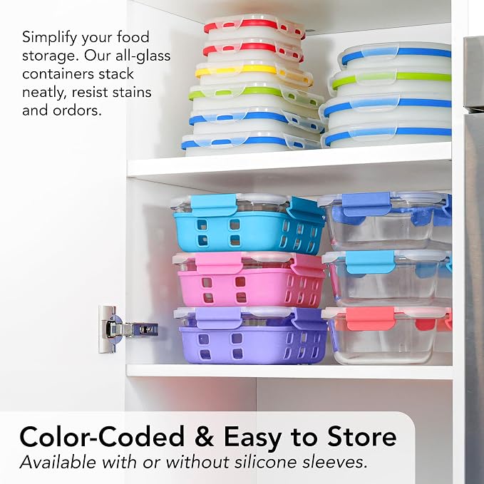 ECOBERI Glass Meal Prep Containers with Silicone Sleeves, 3 Piece 4.5 Cup Set, Borosilicate Glass Food Storage with Leak-Resistant Lids, Oven, Microwave, Freezer and Dishwasher Safe