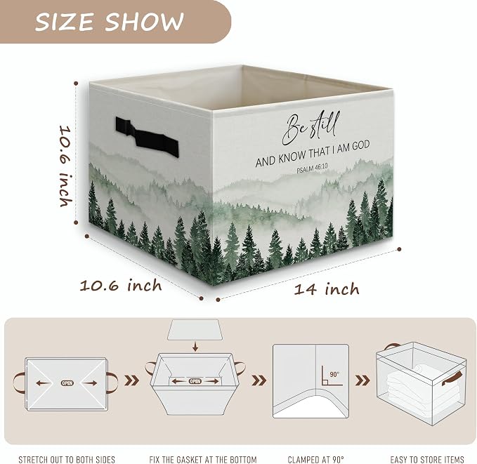 Forest Christian Basket Foldable Storage Bins Box with Handles, Be Still and Know That I Am God Bible Verse Religious Collapsible Organizer Basket for Christian Home Room Clothes Toys Books