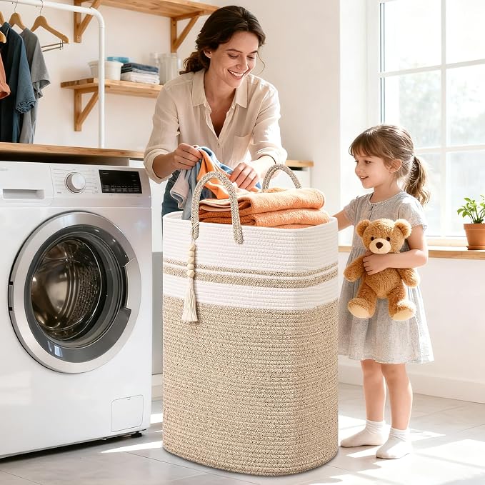 Woven Laundry Basket for Clothes, 80 L Large Rectangle Laundry Hampers with Beads Tassel, Nursery Storage Basket for Toys, Tall Dirty Clothes Hamper for Bedroom Aesthetic, Laundry Room Organization
