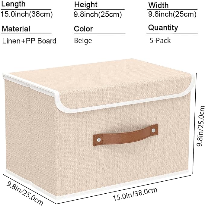 Yawinhe Collapsible Storage Boxes, Linen Fabric Baskets, Bin with lid and Leather Handle, Washable, for Home, Closet, Beige, 15.0''Lx9.8''Wx9.8''H, 5-Pack, USNK024BEL-5