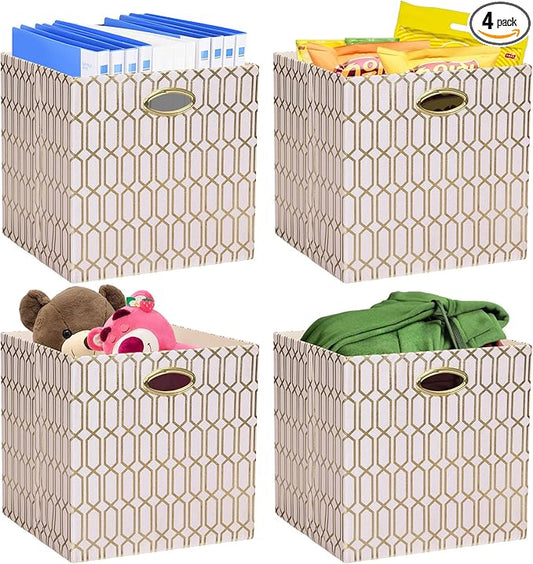 Posprica Storage Bins, Storage Cubes,13×13 Fabric Drawers Organizer Basket Boxes Containers (13×13×13/4pcs, Cream/gold geometry Pattern)
