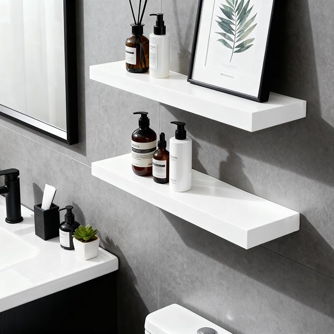 Floating Shelves for Wall(Set of 2)-24 Inch White Wood Wall Shelf with Invisible Brackets for Bathroom,Bedroom,Drawingroom,Kitchen for Decor(White,2pcs)