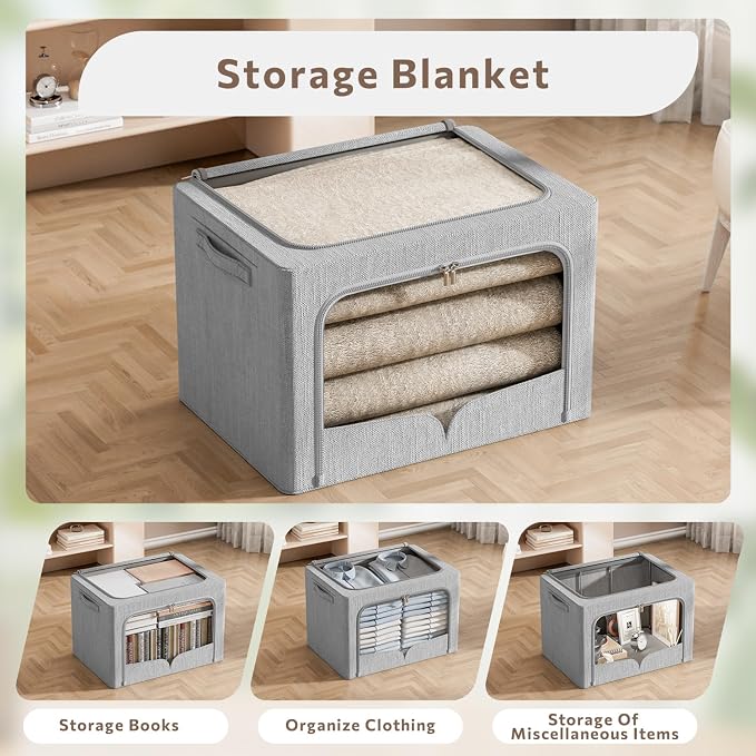 FHSQX 3 Pack Clothes Storage Bins Foldable Metal Frame Storage Box Extra Large Stackable Linen Fabric Organizer Set with Carrying Handles and Clear Window (Light Gray, 23.6x16.5x15.7inch(100L))