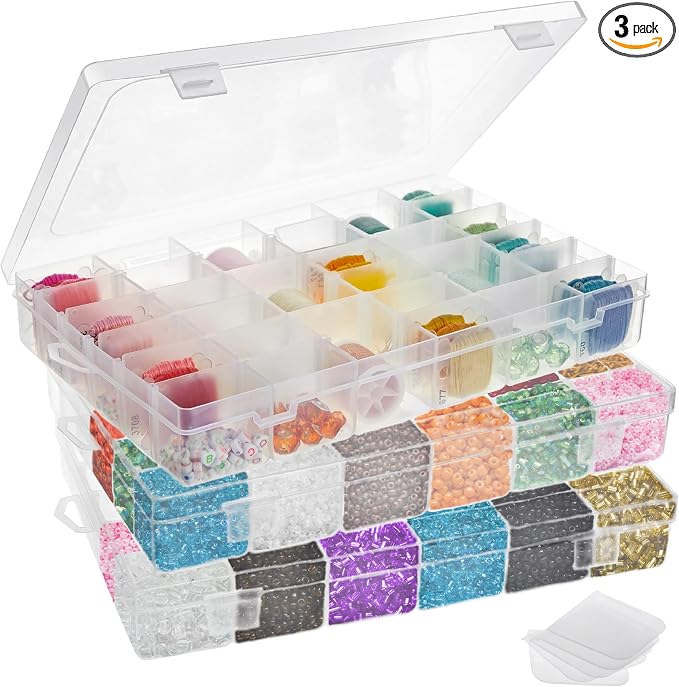 Juvale Jewelry Organizer Box - 3-Pack, 1.7 x 10.75 x 7 In, Clear Plastic - Bead Storage Containers with 36 Compartments & Dividers - Stackable Screw Organizer Box