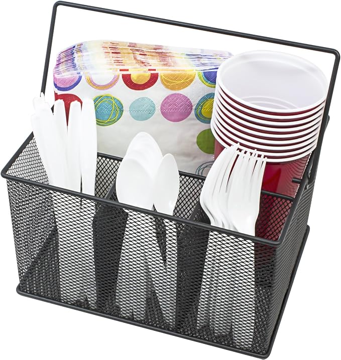 Sorbus® Utensil Caddy — Silverware, Napkin Holder, and Condiment Organizer — Multi-Purpose Steel Mesh Caddy—Ideal for Kitchen, Dining, Entertaining, Tailgating, Picnics, and much more (Black)
