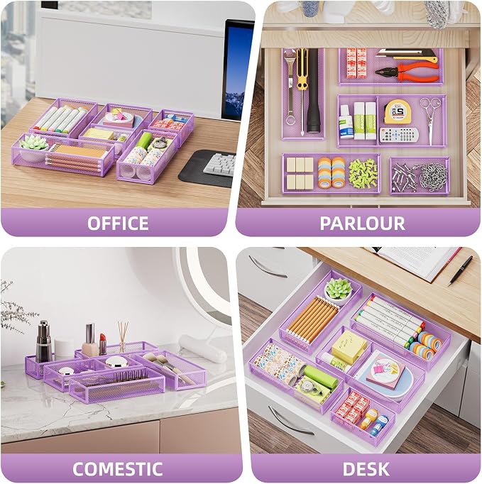 Marbrasse 5 Pack Desk Drawer Organizer Set, Mesh Drawer Storage Trays with 1 Adjustable Divider, Desk Organizers and Accessories, 5 PCS Drawer for Office Supplies, Makeup & Vanity (Purple)