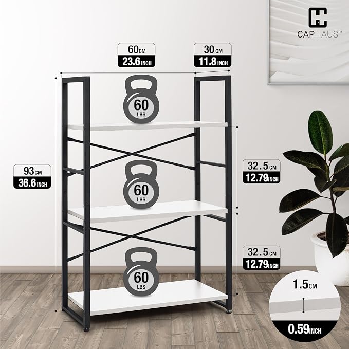 CAPHAUS 3 Tier Small Bookshelf, 24 Inch Width Free Standing Shelf, Bookcase Shelf Storage Organizer, Industrial Book Shelves for Home Office, Living Room, White Shelves & Metal Frame