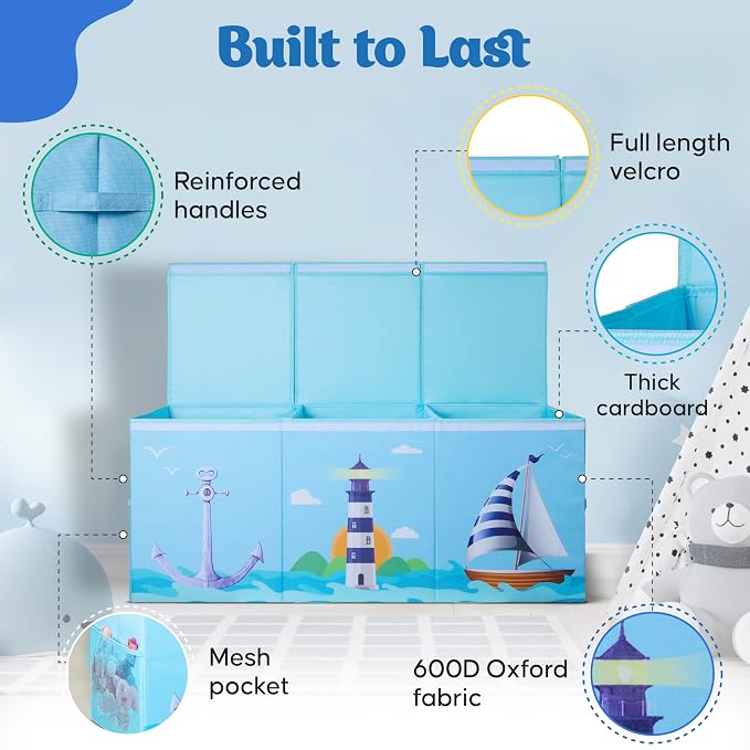 Extra Large Collapsible Sturdy Toy Storage Organizer with Lids, Ocean Theme Toy Box for Boys & Girls, 40"x16"x16", Modern, Blue
