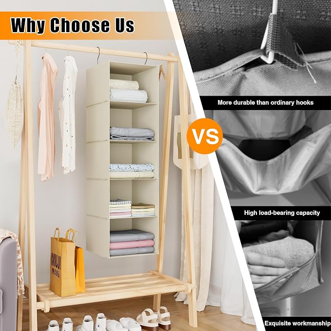 Hanging Closet Organizer 5-Shelf, Oxford Fabric Wardrobe Storage, Beige | Easy-mount foldable design holds clothes, handbags, shoes & accessories; washable Oxford fabric, sturdy and space-saving.