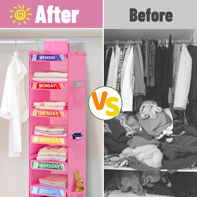6-Shelf Weekly Clothes Organizer for Kids, Hanging Daily Closet Organization with 6 Side Pockets, Days of The Week Clothing Divider Storage for Boys and Girls (Pink)