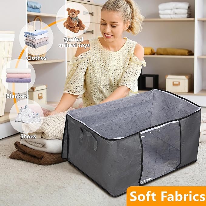90L Large Blanket Storage Bags, 8 Pack Clothes Storage Bag Comforter Storage Bin with Reinforced Handle and Lid Foldable Closet Organizer and Storage Containers for Bedding Sheets and Duvet