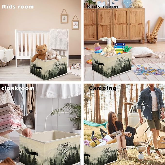 Foggy Misty Nature Forest Storage Bin Box with Handles, and into the Woods I Go to Lose My Mind Find My Soul Foldable Organizer Basket Toybox for Bedroom Bathroom Clothes Toys Books