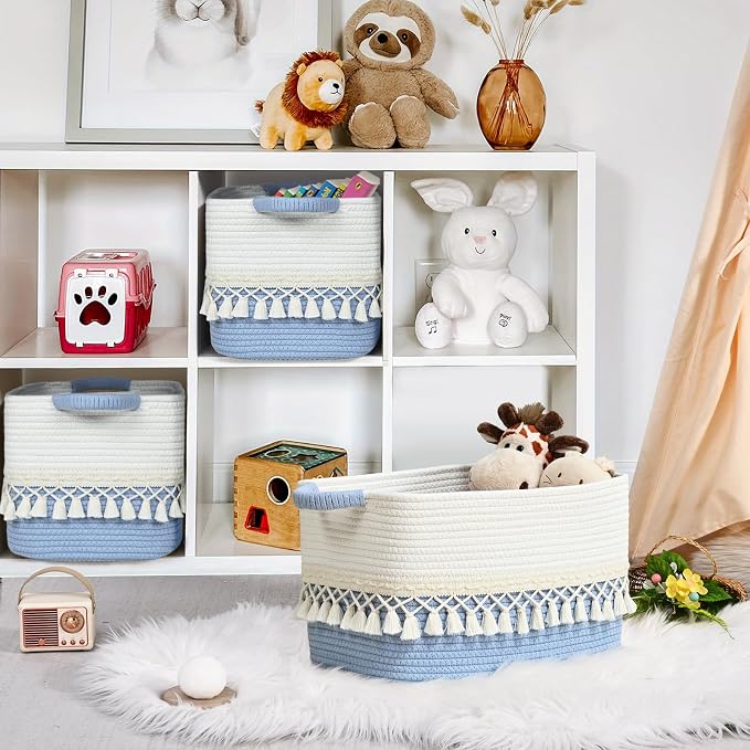 2 Pack Storage Basket, Heavy Tassel Woven Baskets for Storage, Boho Cotton Rope Storage Bin, Cube Organizer Bins, Baby Laundry Basket for Clothes, Toys, Diapers, Pets（White & Blue）