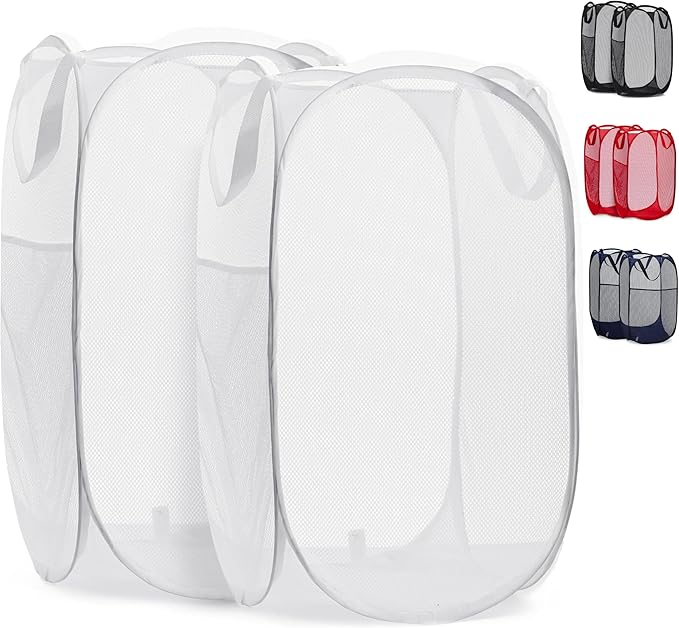 Handy Laundry Collapsible Mesh Pop Up Laundry Hamper 2-Pack, Wide Opening, Side Pocket, Space-Saving Foldable Basket for Clothes, Travel, Dorm, Kids Room, Breathable & Durable (White)