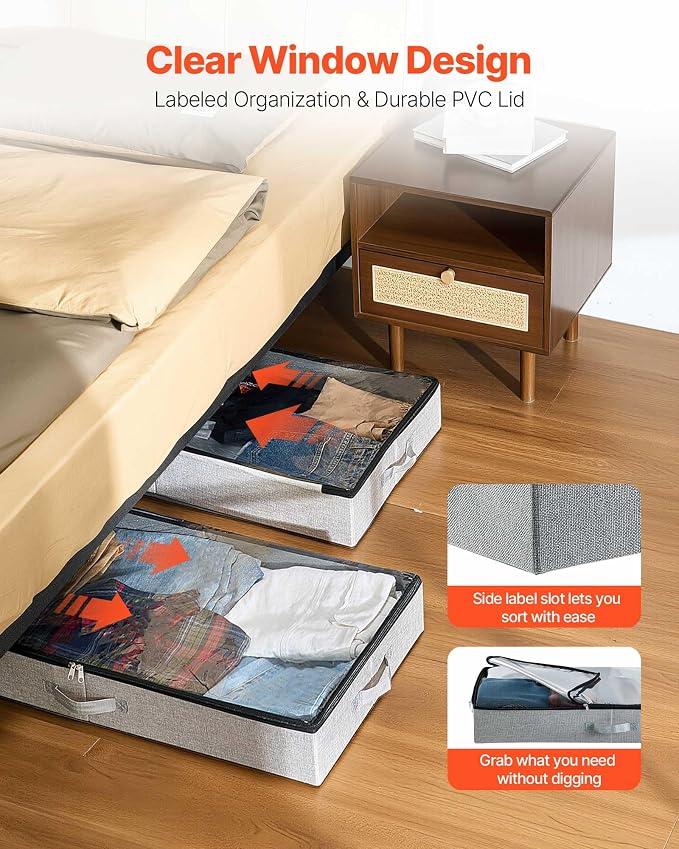 VEVOR Under Bed Storage with Clear Lids, 33.5 x 16.9 x 4.7 Inch, 45L Large Underbed Clothes Storage Containers, Low Profile Under Bed Drawer Shoe Organizer Bins Box for Blanket Shoe Bedroom, 2 Pack