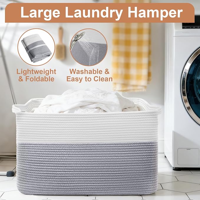 105L XXXL Large Blanket Basket, Rectangular Cotton Rope Basket, Laundry Hamper for Blankets, Pillows, Extra Large Toys Storage Bins for Kids, Dogs 25" x 16" x 16", White & Gray