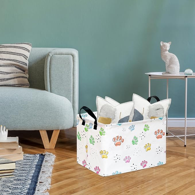 Baby Storage Basket,Colorful Dog Paw Print,Waterproof Lining, Leather Handles, Collapsible for Kids Toys, Pets Supplies, Gift Basket