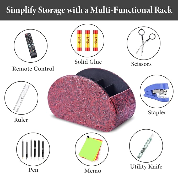Remote Control Holder, PU Leather Remote Caddy Desktop Organizer with 5 Spacious Compartments for TV Remotes/Media Controllers/Office Supplies (1-Carved3 Red
