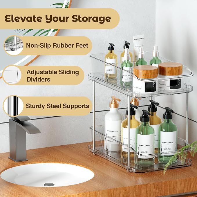 incostar 2 Tier Pull-Out Storage Organizer for Bathroom and Kitchen, Under Sink Organizer with Dividers, Ideal for Organizing Cupboard,Bathroom Vanities,Cabinet, Slide-Out Clear Storage, 4 Pack