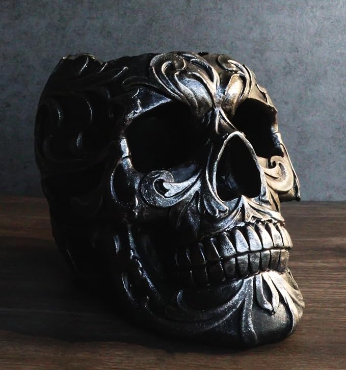 Ebros Gift Set Of 2 Tribal Tattoo Floral Skull Pen Holder Figurine 5.75" L Office Desktop Ossuary Skulls Decor Cranium Skeleton Head Stationery Holder As Halloween Macabre Graveyard Spooky Statue