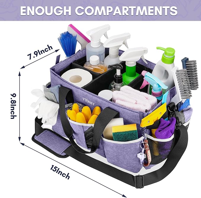 Ytonet Cleaning Caddy, Wearable Cleaning Supplies Organizer with 4 Foldable Dividers, Large Cleaning Caddy for Cleaning Supplies with Handle and Shoulder Straps, Cleaning Bags for Housekeepers, Purple