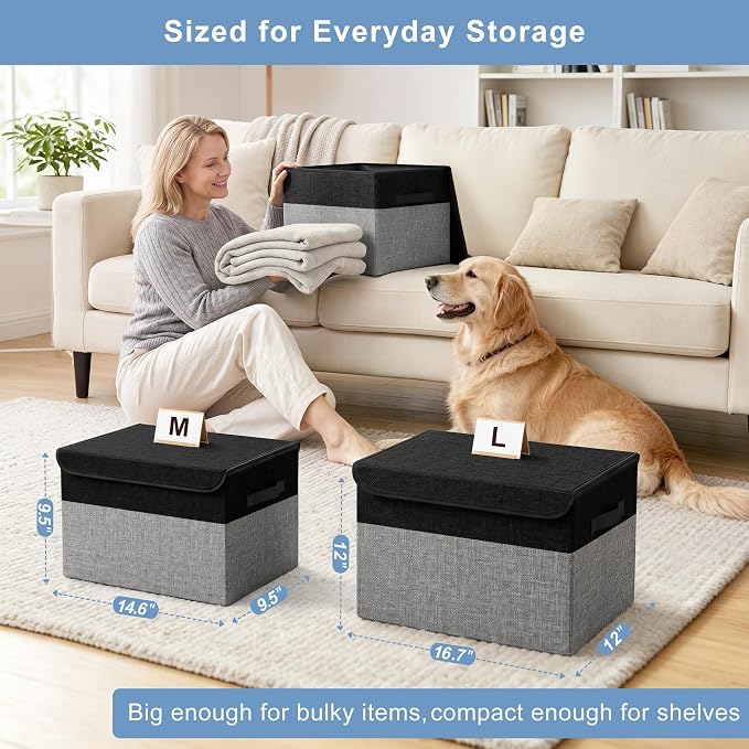 Large 17" 42 Quarts Collapsible Stackable Storage Bins with Lids [3-Pack] Foldable Fabric Linen Storage Boxes Cube, Closet Organizer Baskets with Label for Home (16.7 x 12 x 12", Black & Gray)