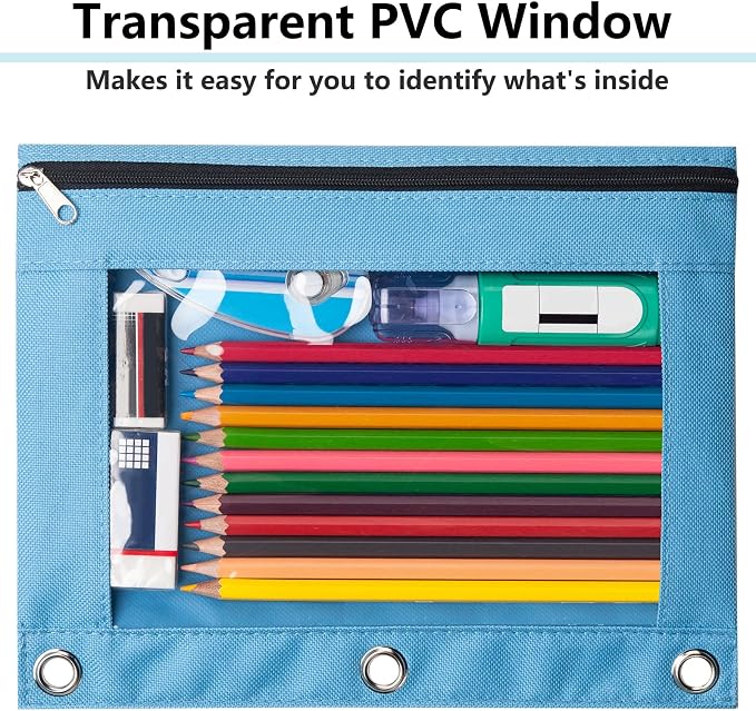 Forvencer 12 Pack Pencil Pouches for 3 Ring Binder, Smooth Zipper 3 Ring Binder Pencil Pouch, Multi-Color Pencil Case for Binder, Clear Top Binder Pencil Pouch, Pencil Bag with 3 Re-enforced Grommets