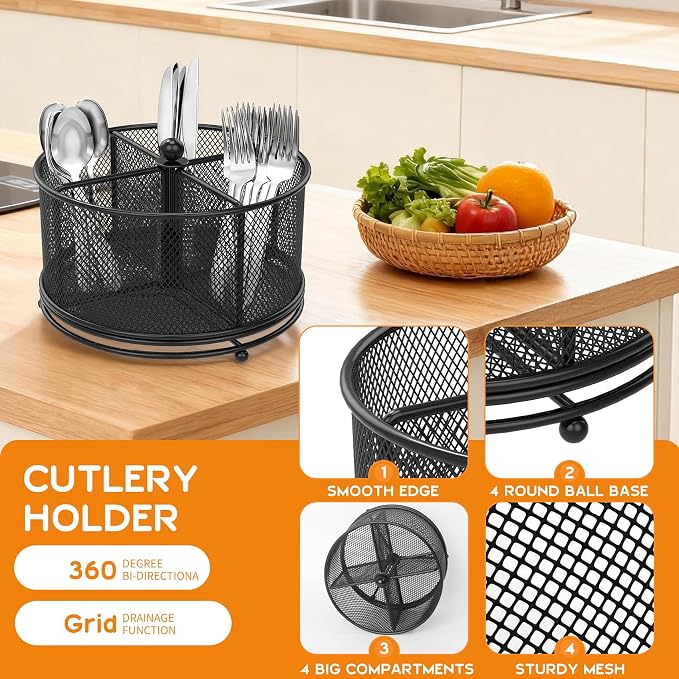 360° Rotating Metal Utensil Caddy, 4 Compartment Silverware Cutlery Holder, Effortless Access Fork Spoon, Silverware Holder for Party Countertop Buffet Picnic Camping Outdoor (Black)