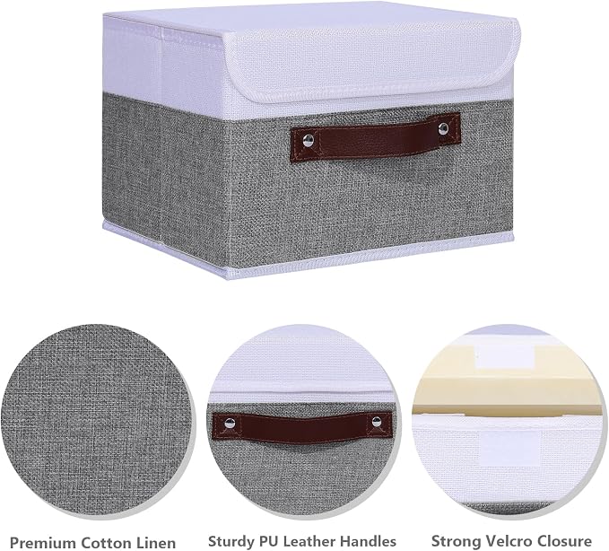 ANMINY Storage Boxes with Lids Washable Decorative Storage Bins Basket with PU Leather Handle Foldable Linen Fabric Storage Cubes Containers for Home Closet Organizer - Gray White, Medium
