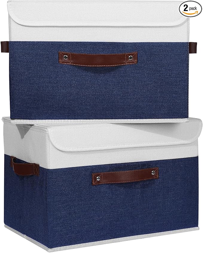 ANMINY 2PCS Storage Boxes with Lid Washable Decorative Storage Bin Basket with PU Leather Handle Foldable Linen Fabric Storage Cube Container for Home Closet Organizer - Deep Blue White, Large Size