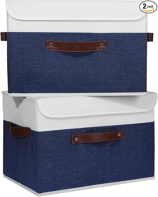 ANMINY 2PCS Storage Boxes with Lid Washable Decorative Storage Bin Basket with PU Leather Handle Foldable Linen Fabric Storage Cube Container for Home Closet Organizer - Deep Blue White, Large Size