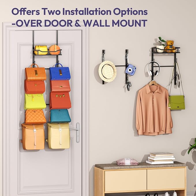SWTYMIKI Over The Door Purse Organizer - Wall Mounted Purse Rack with 10 Hooks and Metal Basket, Handbag Hanger Organizer Holds up to 10 Bags, Bag Rack Can Use As 1/2 Part, for Door, Closet