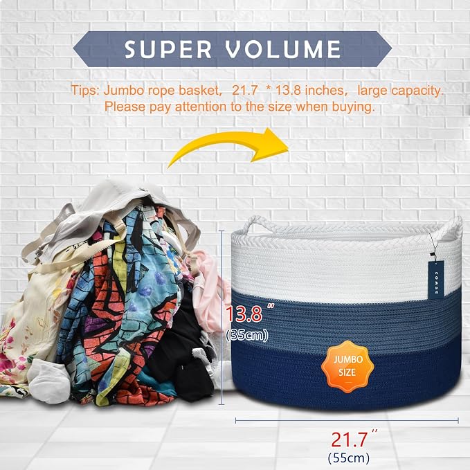 COMSE Extra Large Blanket Basket, Woven Laundry Basket, 21.7”x 13.8”, Nursery Hamper, Cotton Rope Laundry Hamper Living Room for Storage Toys Clothes Towels (White & Cadet Blue & Navy Blue)