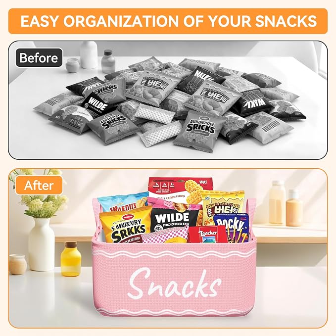 Snack Basket for Pantry & 5 Seal Clips - Snack Bin Organizer for Countertop - Imitation Linen Snack Storage Containers for Storing Chips, Pretzels, Cookies, Popcorn and more (1, Pink)