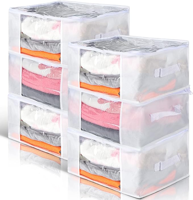 Sadnyy 6 Pcs Clear Storage Bags with Zippers Foldable Clothes Containers Case Plastic Organizer Large Sweater Storage Bins with Handles for Fabric Blanket Cloth Bedding(16 x 12 x 8 Inch,White)