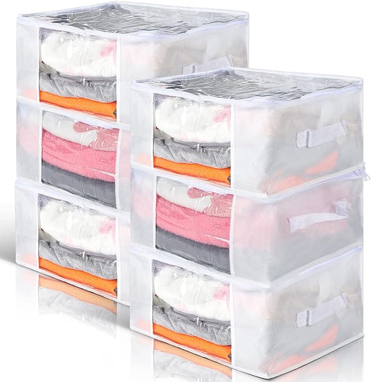 Sadnyy 6 Pcs Clear Storage Bags with Zippers Foldable Clothes Containers Case Plastic Organizer Large Sweater Storage Bins with Handles for Fabric Blanket Cloth Bedding(16 x 12 x 8 Inch,White)