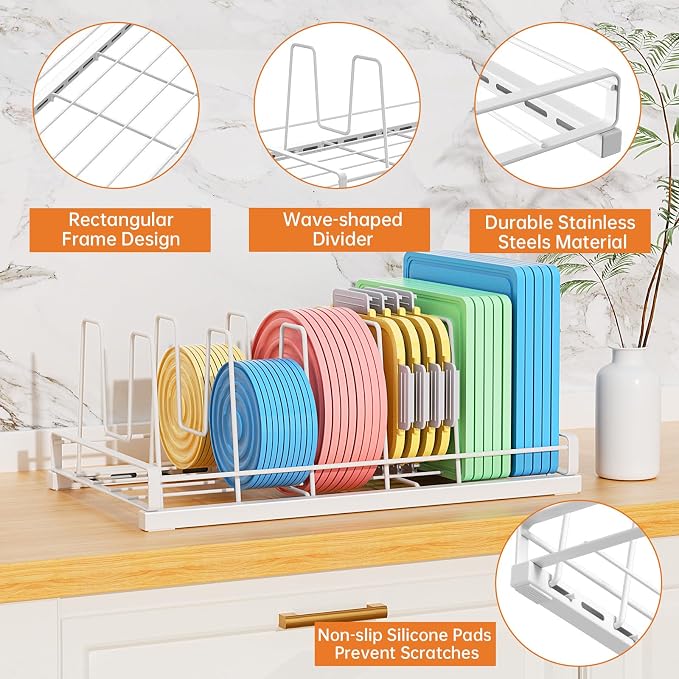 Food Container Lid Organizer for Cabinet with 6 Adjustable Divider | Detachable,Metal Pot Lid Organizer Rack Storage Plastic Lids Pots Bakeware for Cabinets, Cupboards,Pantry, Drawers (White)