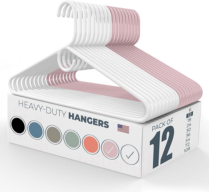 Heavy Duty Clothes Hangers 12 Pack – Made in the USA – 8lb Capacity Plastic Hangers for Adult Clothing – Durable for Pants, Coats, Jackets, or Jeans – White & Pink