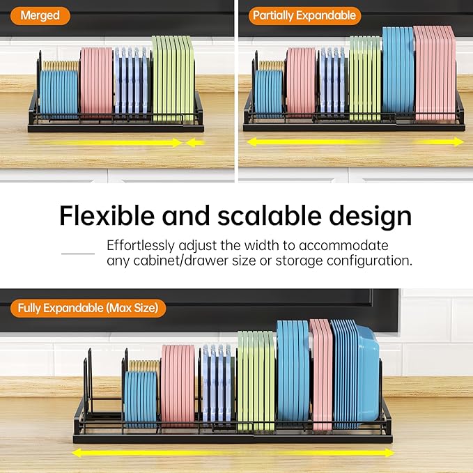 Expandable Food Container Lid Organizer(13"-21") with 9 Adjustable Dividers | Metal, Large Capacity Detachable Lid Organizer Rack, Pads Prevent Sliding for Kitchen Cabinet,Cupboard,Pantry Shelves,Drawer