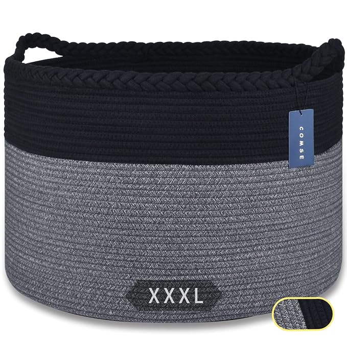 COMSE Extra Large Blanket Basket, Woven Laundry Basket, 21.7”x 13.8”, Nursery Hamper, Cotton Rope Laundry Hamper Living Room for Storage Toys Clothes Towels(Black & Gray)