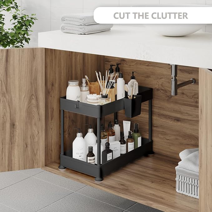 Under Sink Organizers and Storage | Bathroom Cabinet Organizer, Sink Shelf with Utility Hooks and Side Caddy for Under Cabinet Storage | Black (2-Pack) Non Slip Grip Under Kitchen Sink Organizer