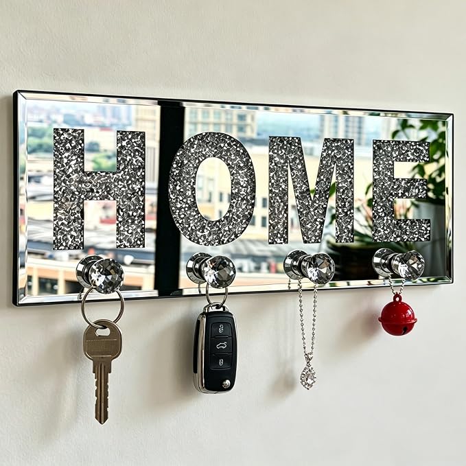 Crushed Diamond HOME Key Holder, Silver Mirror Wall Decor,11.8" ,4 Hooks | crushed diamond silver mirror with safe beveled edges,4 2-lb capacity acrylic hooks ,shatterproof, for keys/scarves/bags etc.