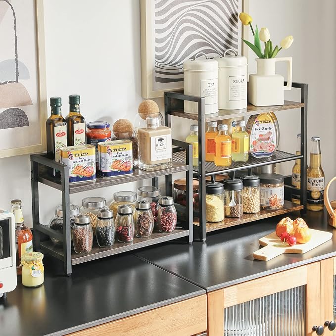 IBUYKE 3-Tier Spice Rack Industrial Counter Shelf Desktop Storage Organizer Standing Seasoning Rack for Countertop Kitchen Office Living Room Desktop Rustic Brown UTLJ021H